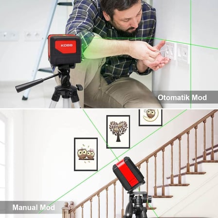 KBL92G 30 Metre Profesyonel Yatay ve Dikey Otomatik Hizalamalı Yeşil Çapraz Çizgi Lazer, 2 Noktalı Şakül Lazer Distomat + Mini Tripod, Kırmızı/Siyah