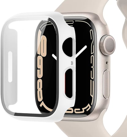 Apple Watch 9/8/7 serisi ile uyumlu, 45 mm 41 mm cam ekran koruyuculu kılıf, ultra ince PC koruyucu kılıf, tam koruma, çizilmeye karşı dayanıklı, ekran koruyucu folyo, iWatch 45 mm için, beyaz