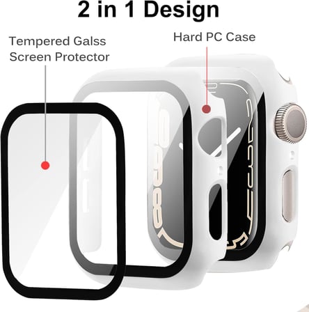 Apple Watch 9/8/7 serisi ile uyumlu, 45 mm 41 mm cam ekran koruyuculu kılıf, ultra ince PC koruyucu kılıf, tam koruma, çizilmeye karşı dayanıklı, ekran koruyucu folyo, iWatch 45 mm için, beyaz