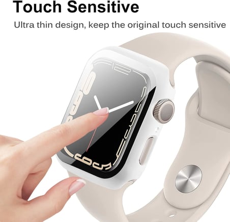 Apple Watch 9/8/7 serisi ile uyumlu, 45 mm 41 mm cam ekran koruyuculu kılıf, ultra ince PC koruyucu kılıf, tam koruma, çizilmeye karşı dayanıklı, ekran koruyucu folyo, iWatch 45 mm için, beyaz
