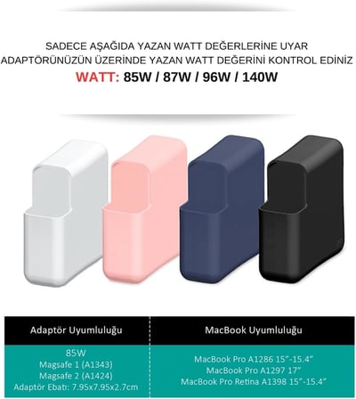 MacBook Şarj Aleti Kılıfı Silikon | 85W A1343/A1424 MagSafe 1-2, 87W A1719, 96W A2166 USB-C Uyumlu | MacBook Pro Adaptör Koruyucu Mavi