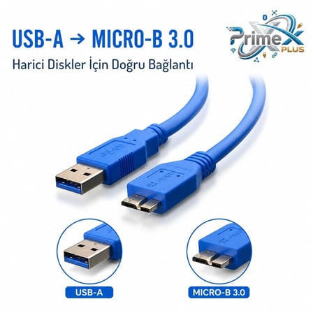 USB 3.0 30 cm Taşınabilir Harddisk Kablosu, USB-A to Micro-B Harici Disk Data ve Güç Kablosu, WD Seagate Toshiba Samsung Adata Intenso Uyumlu Kısa USB 3.0 HDD SSD Bağlantı Kablosu