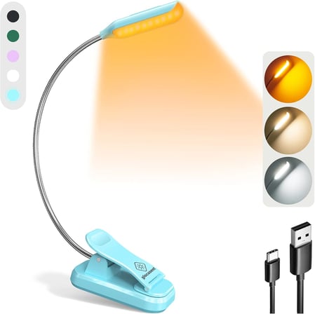 Söğüt Yatakta Kitaplar için Okuma Işıkları, 10LED Parlak Kitap Işığı, 3 Renk ve 3 Parlaklık, Şarj Edilebilir Kitap Işığı 80 saat sürer, Okuma Işığında Hafif Klips (mavi)