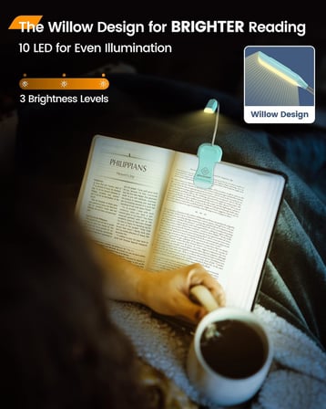 Söğüt Yatakta Kitaplar için Okuma Işıkları, 10LED Parlak Kitap Işığı, 3 Renk ve 3 Parlaklık, Şarj Edilebilir Kitap Işığı 80 saat sürer, Okuma Işığında Hafif Klips (mavi)