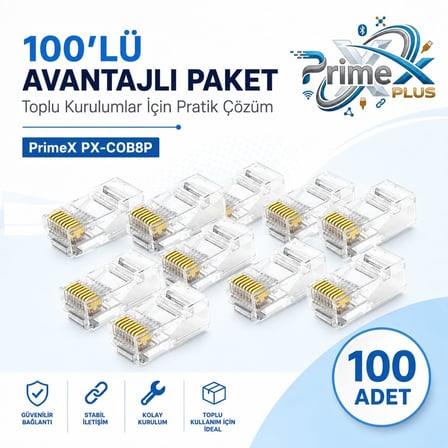 Jack, 100'lü Paket UTP Ethernet Konnektör, 8P8C Network LAN Kablo Ucu, İnternet Kablosu Sonlandırma Plug, Modem Router Switch Patch Panel Kamera Sistemi Bağlantı Jakı