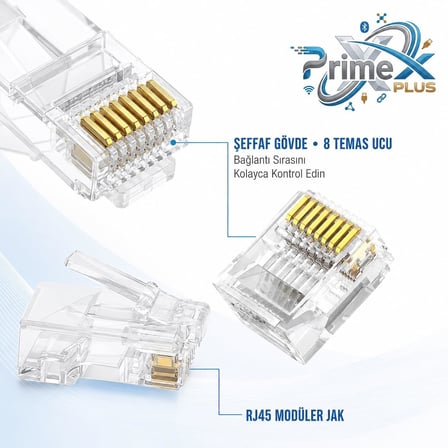 Jack, 100'lü Paket UTP Ethernet Konnektör, 8P8C Network LAN Kablo Ucu, İnternet Kablosu Sonlandırma Plug, Modem Router Switch Patch Panel Kamera Sistemi Bağlantı Jakı