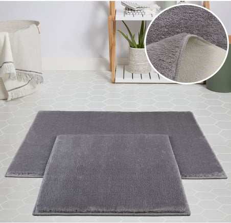 Evilla Modern Dekoratif Halı Jel Kaymaz Taban Peluş Açık Gri Paspas Takımı 60x100