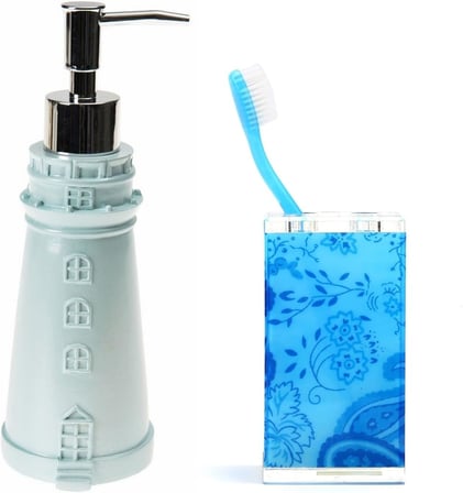 SABUNLUK,DİŞ FIRÇALIK 2 Lİ BANYO SETİ,DENİZ FENERİ VE MAVİ ÇİÇEKLİ