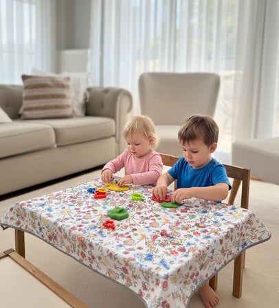 Su Geçirmez Yer/Masa Örtüsü, Aktivite, Yemek Ve Oyun İçin,  Ve Çevreci, Sertifikalı,%100 Polyester, Family Desenli, 150X180Cm