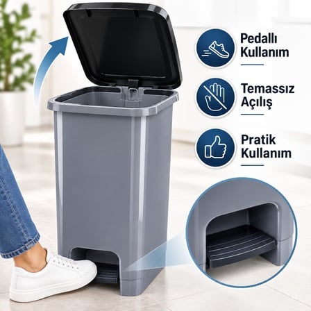 L Slim Pedallı Çöp Kovası, Dar Alanlara Uygun İnce Tasarım Çöp Kutusu, Kapaklı Plastik Atık Kovası, Mutfak Banyo Ofis Kullanımı