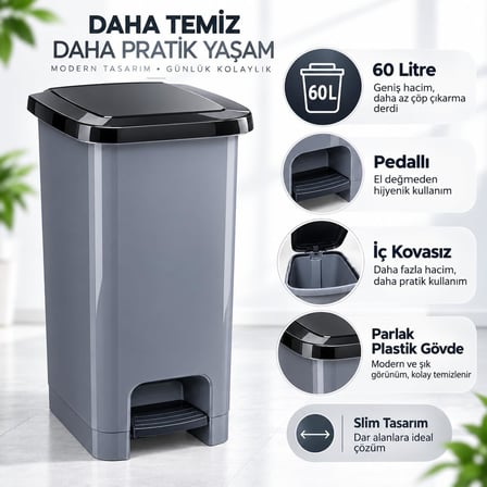 L Slim Pedallı Çöp Kovası, Dar Alanlara Uygun İnce Tasarım Çöp Kutusu, Kapaklı Plastik Atık Kovası, Mutfak Banyo Ofis Kullanımı