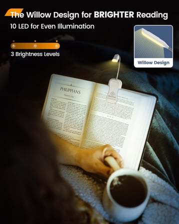 Söğüt Yatakta Kitaplar için Okuma Işıkları, 10LED Parlak Kitap Işığı, 3 Renk ve 3 Parlaklık, Şarj Edilebilir Kitap Işığı 80 saat sürer, Okuma Işığında Hafif Klips (beyaz)