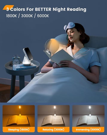 Söğüt Yatakta Kitaplar için Okuma Işıkları, 10LED Parlak Kitap Işığı, 3 Renk ve 3 Parlaklık, Şarj Edilebilir Kitap Işığı 80 saat sürer, Okuma Işığında Hafif Klips (beyaz)