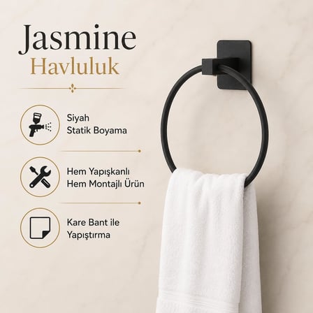 Kare Yuvarlak Havluluk, Yapışkanlı ve Vidalı Montajlı Duvara Monte Halka Havlu Askısı, Mat Siyah Banyo Aksesuarı