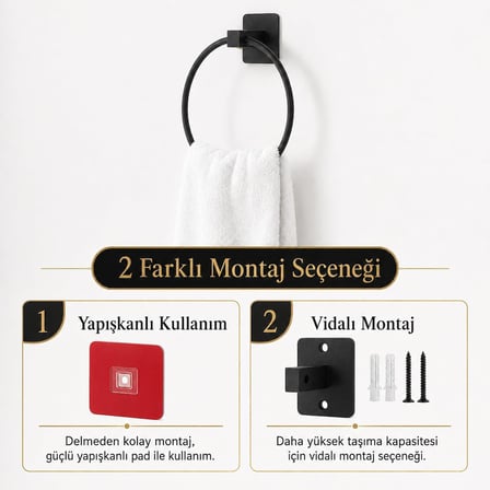 Kare Yuvarlak Havluluk, Yapışkanlı ve Vidalı Montajlı Duvara Monte Halka Havlu Askısı, Mat Siyah Banyo Aksesuarı
