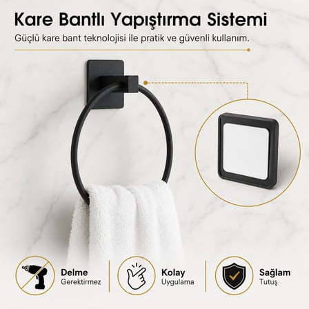 Kare Yuvarlak Havluluk, Yapışkanlı ve Vidalı Montajlı Duvara Monte Halka Havlu Askısı, Mat Siyah Banyo Aksesuarı