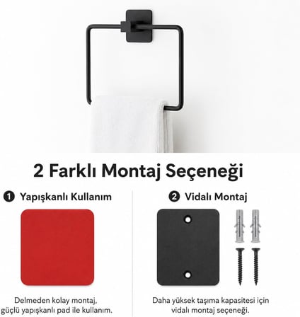 Kare Havluluk, Yapışkanlı ve Vidalı Montajlı Duvara Monte Havlu Askısı, Mat Siyah Banyo Aksesuarı