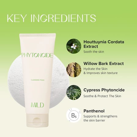Phytoncide Mild Cleansing Foam, Jeju Servi Yaprağı ve Panthenol İçerikli, Köpük, Hassas Ciltler için Nemlendirici Vegan Temizleyici