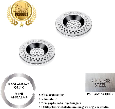 Çelik Mutfak Filtre Lavabo Süzgeci Küvet Tıkacı 2 Adet Evye Easyso4030