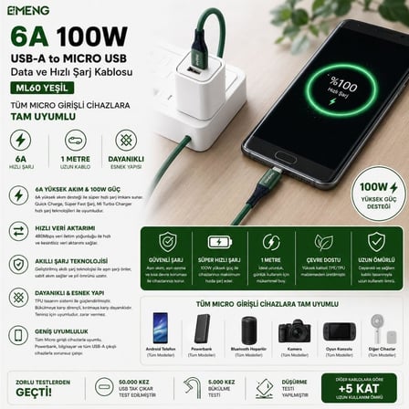 100W USB A to Micro Data ve Hızlı Şarj Kablosu 1 Metre Yeşil