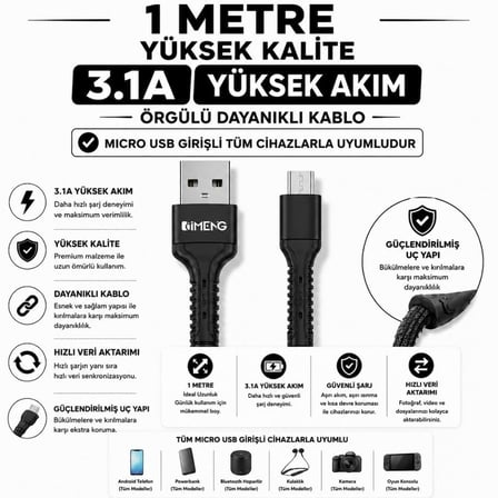 USB-A to Micro Pro Braided Örgülü Data ve Hızlı Şarj Kablosu 1 Metre Siyah