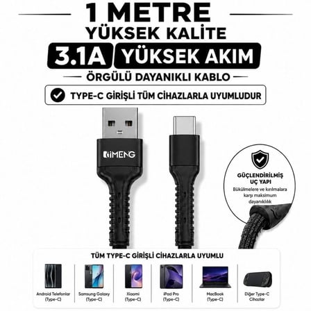 Type-C Pro Braided Örgülü Data ve Hızlı Şarj Kablosu Siyah