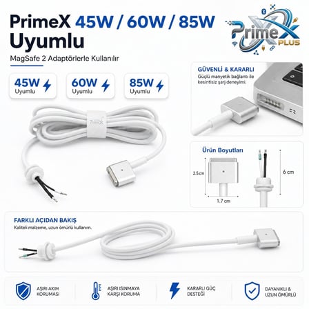 PX-MAC2 MagSafe 2 Güç Adaptörü Kablosu, Apple MacBook A1425 A1435 A1465 A1502 Uyumlu, 5 Pin T Stili Manyetik Şarj Tamir Kablosu, 45W 60W 85W Adaptör İçin, 1.8 Metre