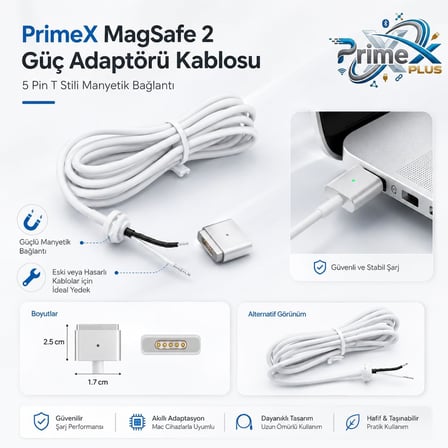 PX-MAC2 MagSafe 2 Güç Adaptörü Kablosu, Apple MacBook A1425 A1435 A1465 A1502 Uyumlu, 5 Pin T Stili Manyetik Şarj Tamir Kablosu, 45W 60W 85W Adaptör İçin, 1.8 Metre