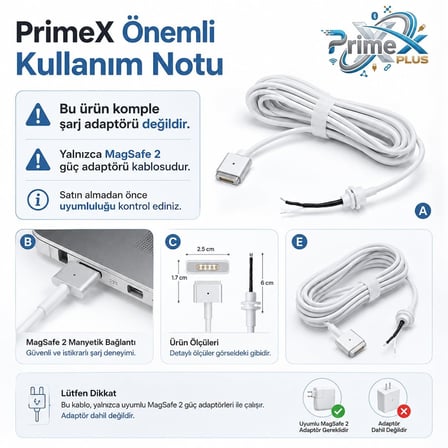 PX-MAC2 MagSafe 2 Güç Adaptörü Kablosu, Apple MacBook A1425 A1435 A1465 A1502 Uyumlu, 5 Pin T Stili Manyetik Şarj Tamir Kablosu, 45W 60W 85W Adaptör İçin, 1.8 Metre