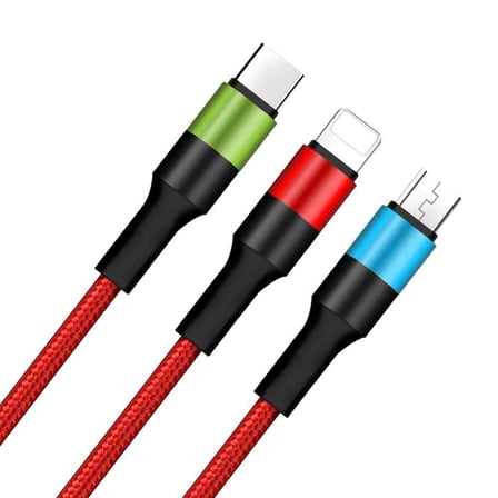 Şarj Kablosu, Örgülü 1.2m Kırmızı, Lightning, Type-C, Micro USB, 3A Güçlü Dayanıklı Kablo, iOS ve Android Uyumlu