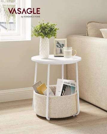 Yuvarlak sehpa, küçük masa, sehpa küçük, kumaş sepetli oturma odası masası, oturma odası, yatak odası için depolama alanı, modern komodin, beyaz-bej LET223W10