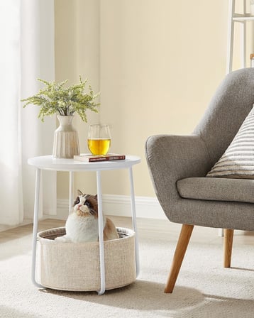 Yuvarlak sehpa, küçük masa, sehpa küçük, kumaş sepetli oturma odası masası, oturma odası, yatak odası için depolama alanı, modern komodin, beyaz-bej LET223W10
