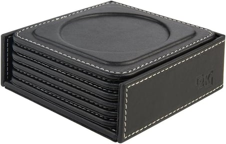 6'lı Set,Masaüstü Yuvarlak Cup Coaster,Vegan Suni Deri,11x11 cm.,Siyah