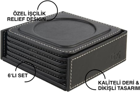 6'lı Set,Masaüstü Yuvarlak Cup Coaster,Vegan Suni Deri,11x11 cm.,Siyah