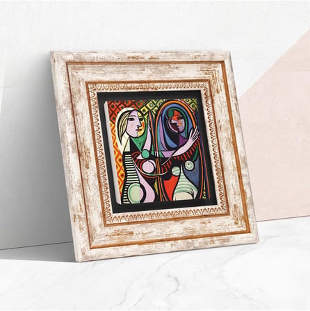 Stone Picasso Ayna Karşısındaki Kız Taş Duvar Tablosu - Çerçeveli Taş Tablo - Dekoratif Duvar Sanatı - Modern Ev ve Ofis Duvar Dekoru T1-301