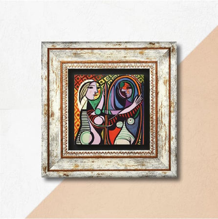 Stone Picasso Ayna Karşısındaki Kız Taş Duvar Tablosu - Çerçeveli Taş Tablo - Dekoratif Duvar Sanatı - Modern Ev ve Ofis Duvar Dekoru T1-301