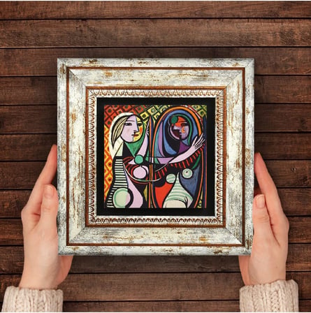 Stone Picasso Ayna Karşısındaki Kız Taş Duvar Tablosu - Çerçeveli Taş Tablo - Dekoratif Duvar Sanatı - Modern Ev ve Ofis Duvar Dekoru T1-301