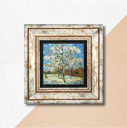 Stone Van Gogh Çiçeklenen Pembe Şeftali Ağacı Taş Duvar Tablosu - Çerçeveli Taş Tablo - Dekoratif Duvar Sanatı - Modern Ev ve Ofis Duvar Dekoru T1-296