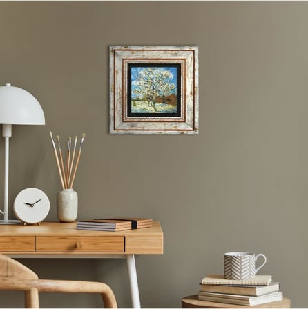 Stone Van Gogh Çiçeklenen Pembe Şeftali Ağacı Taş Duvar Tablosu - Çerçeveli Taş Tablo - Dekoratif Duvar Sanatı - Modern Ev ve Ofis Duvar Dekoru T1-296