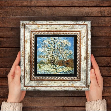 Stone Van Gogh Çiçeklenen Pembe Şeftali Ağacı Taş Duvar Tablosu - Çerçeveli Taş Tablo - Dekoratif Duvar Sanatı - Modern Ev ve Ofis Duvar Dekoru T1-296