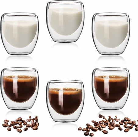 Çift Katmanlı Espresso Cam Bardak Seti 6'lı 80 ml | Borosilikat Double Wall Isı Yalıtımlı Şeffaf Kahve Bardağı | Espresso ve Ristretto için