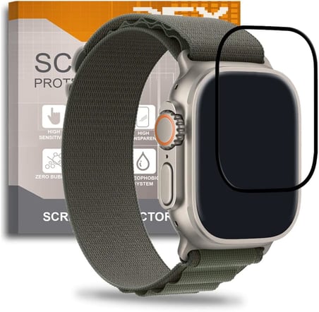 Apple Watch Ultra 49 mm için sertleştirilmiş camdan 3D ekran koruyucu, Apple Watch Ultra 2 (49 mm), siyah, ekran koruyucu folyo 9H + sertlik, çizilmez, yağ kabarcıkları, tam koruma, 3D, 4D, 5D