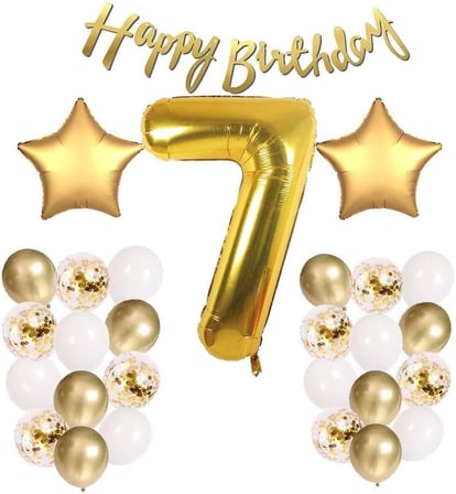 Gitti Gold Konsept Doğum Günü Kutlama Seti; Beyaz Gold Konfetili Balon, Rakam Yıldız Folyo ve Banner (7 Yaş)