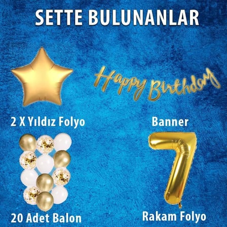 Gitti Gold Konsept Doğum Günü Kutlama Seti; Beyaz Gold Konfetili Balon, Rakam Yıldız Folyo ve Banner (7 Yaş)