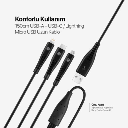 Şarj Kablosu USB-A - USB-C/Lightning ile Uyumlu/Micro USB 150cm - Siyah ((2 yıl Ttec garantilidir)