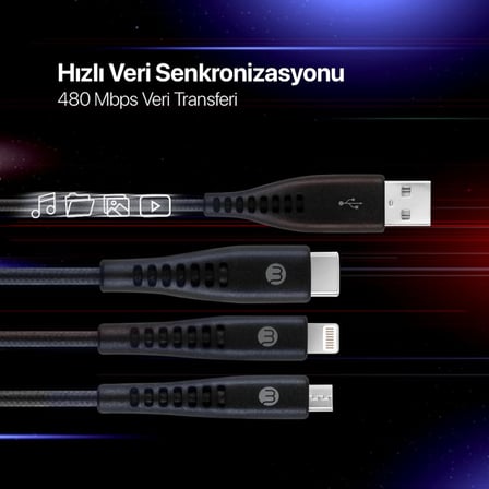 Şarj Kablosu USB-A - USB-C/Lightning ile Uyumlu/Micro USB 150cm - Siyah ((2 yıl Ttec garantilidir)