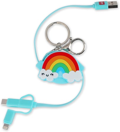 Şarj kablosu, geri çekilebilir, USB bağlantıları, Tip C, Micro-USB, Lightning, veri senkronizasyonu ve şarj kablosu, anahtarlıklı, kablo uzunluğu 1 m, gökkuşağı temalı