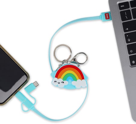 Şarj kablosu, geri çekilebilir, USB bağlantıları, Tip C, Micro-USB, Lightning, veri senkronizasyonu ve şarj kablosu, anahtarlıklı, kablo uzunluğu 1 m, gökkuşağı temalı