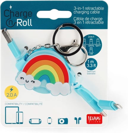 Şarj kablosu, geri çekilebilir, USB bağlantıları, Tip C, Micro-USB, Lightning, veri senkronizasyonu ve şarj kablosu, anahtarlıklı, kablo uzunluğu 1 m, gökkuşağı temalı