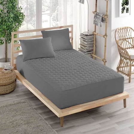 PARKER Pamuklu Yatak Koruyucu Alez Gri-Kapitoneli Fitted-Yanı Çarşaflı Tek Kişilik-Bir Buçuk Kişilik Terden Korur (120x200)